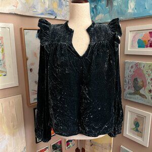 Evereve Dark Teal Velvet Ruffle Smocked Long Sleeve Romantic Boho Blouse Top M